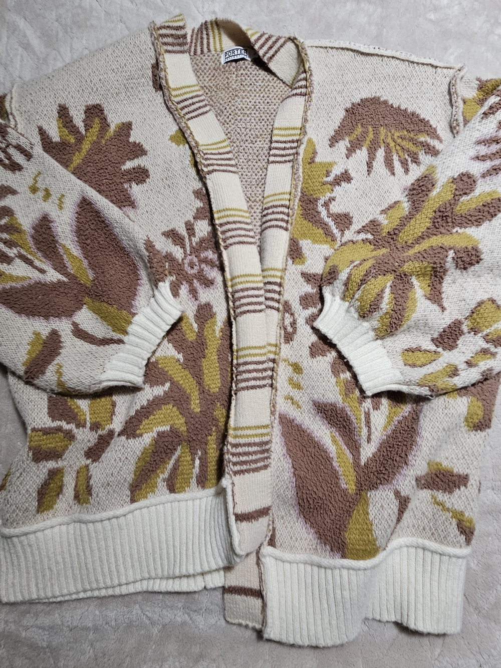 Floral Open-Front Cardigan Sweater - Cream, Brown & Mustard